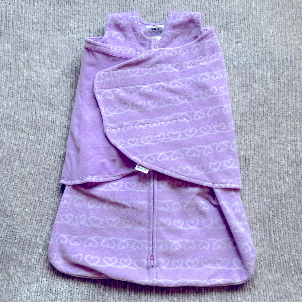 Halo Fleece Sleep Sack, Swaddle, Heart Print, Lilac, 0-3 Months, Newborn